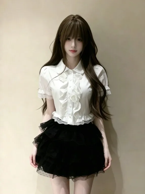 

Korean Style Bubble Sleeve Shirt And High Waist Skirt Two Piece Set Comfortable Short Sleeve Button up Summer Outfit