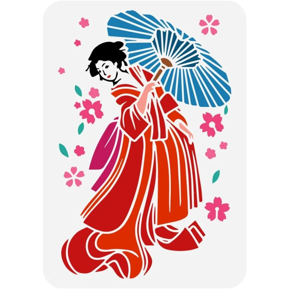 Geisha Umbrella Stencil for Painting 8.3x11.7inch Plastic PET Cherry Blossoms Painting Stencil Hollowed Umbrella Woman Drawing