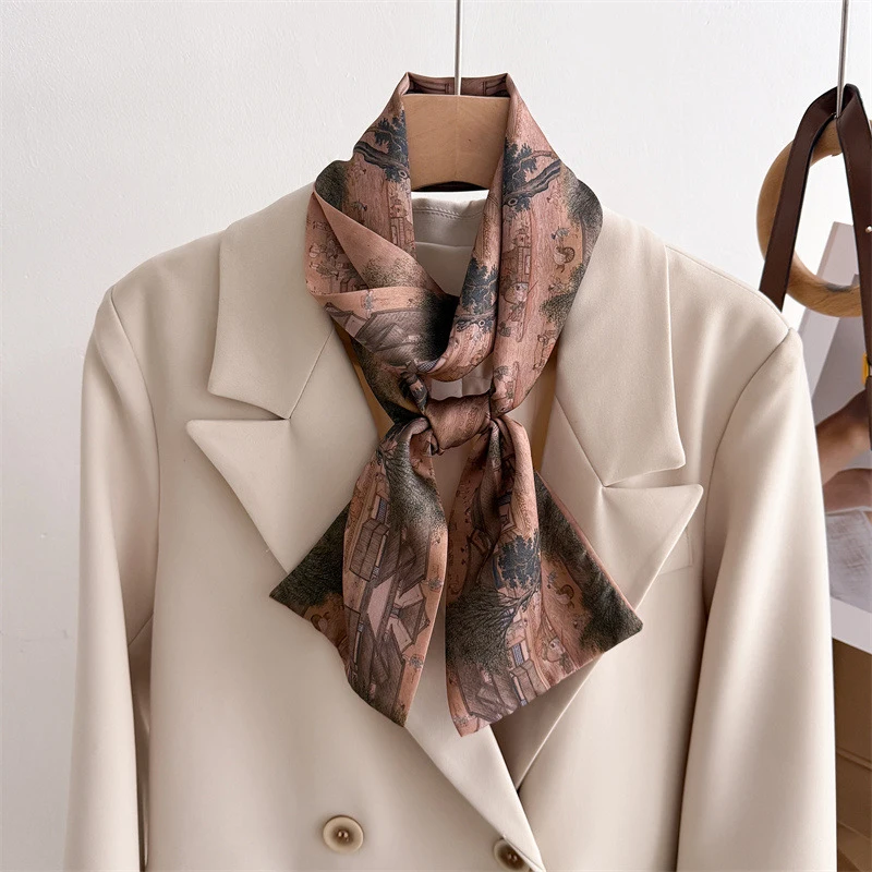 Women Silk Feel Ink Painting Design Scarf Shawl Retro Luxury Narrow Small Silk Scarves Lady Headband Headbands Choker Streamer