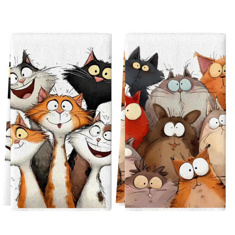 2Pcs, Colorful Cartoon Cat Kitchen Towels, 40Cm*60Cm Towel Set, Super Absorbent Soft Cleaning Cloth, Cooking and Baking Tea Towel, Hand Towel, Cleaning Cloth, Dishwashing Cloth, Kitchen Decoration, Living Room Decoration, Kitchen Essentials, Home Essentials