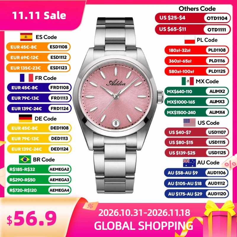 ADDIES Quartz Woman Watches New Luxury 316L Stainless Steel Sapphire Crystal BGW9 Luminous Ladies Wristwatch 50m Waterproof Gift