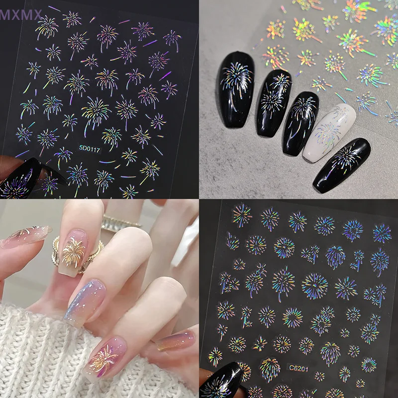 Autocollants de décoration pour ongles, stickers colorés, laser, feu d'artifice, romantique, floraison, décalcomanies, Nail Art, nouvel an, 2025