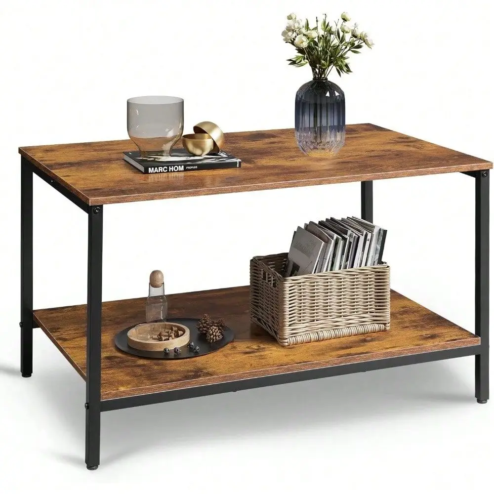 

Coffee Table For Living Room, 31.3 Modern Industrial Coffee Table With Storage Shelf Metal Frame, 2Tier Wood Center Table For S