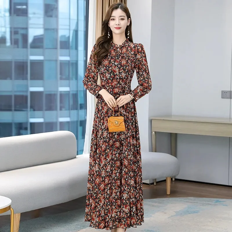 Women Long Dresses Sping Autumn Bohemian Casual Full Sleeve High Waist Beach Woman Chiffon Dresses Floral Vestidoes Maxi Dress