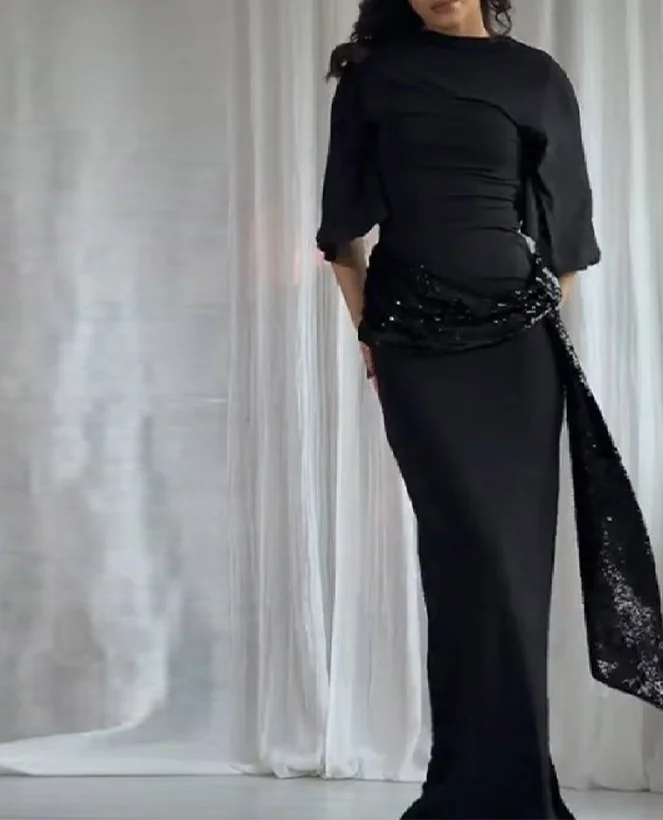 エレガントな新作スパンコールウエストバンドドレス、ワイドショートスリーブ、バックレス、ブラック、フロア丈スカート、ラグジュアリーな女性用イブニングデートロングガウン