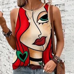 New Tank Top Abstract Face Printed Women's Round Neck Sleeveless T-Shirt Slim Fit Top Retro Style Women's Basic Pullover T-Shirt