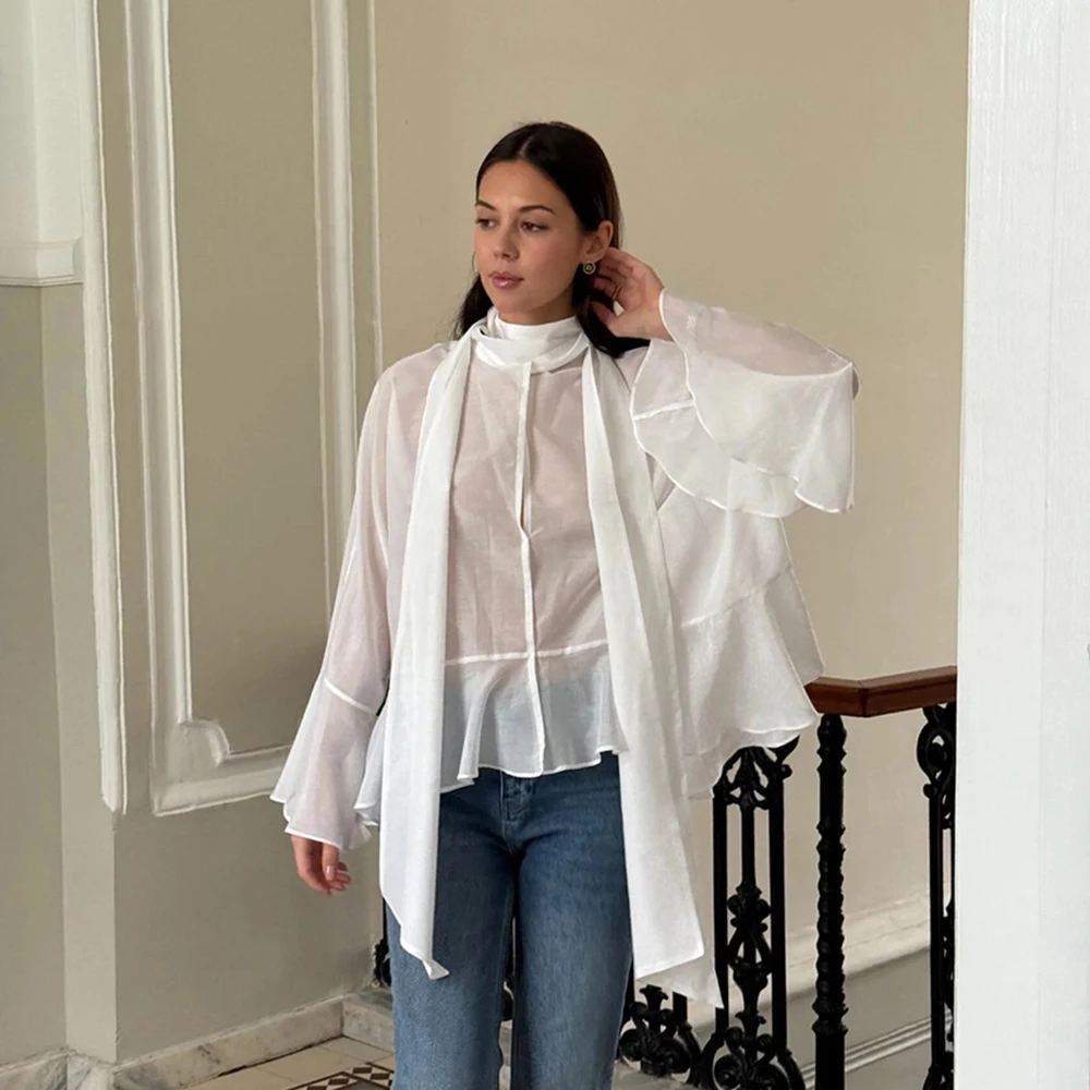 

See-Through Ice Silk Shirt Women's Ribbon Scarf Collar Long Sleeve Mid-Length Flounce Loose Tops European American Casual Wear
