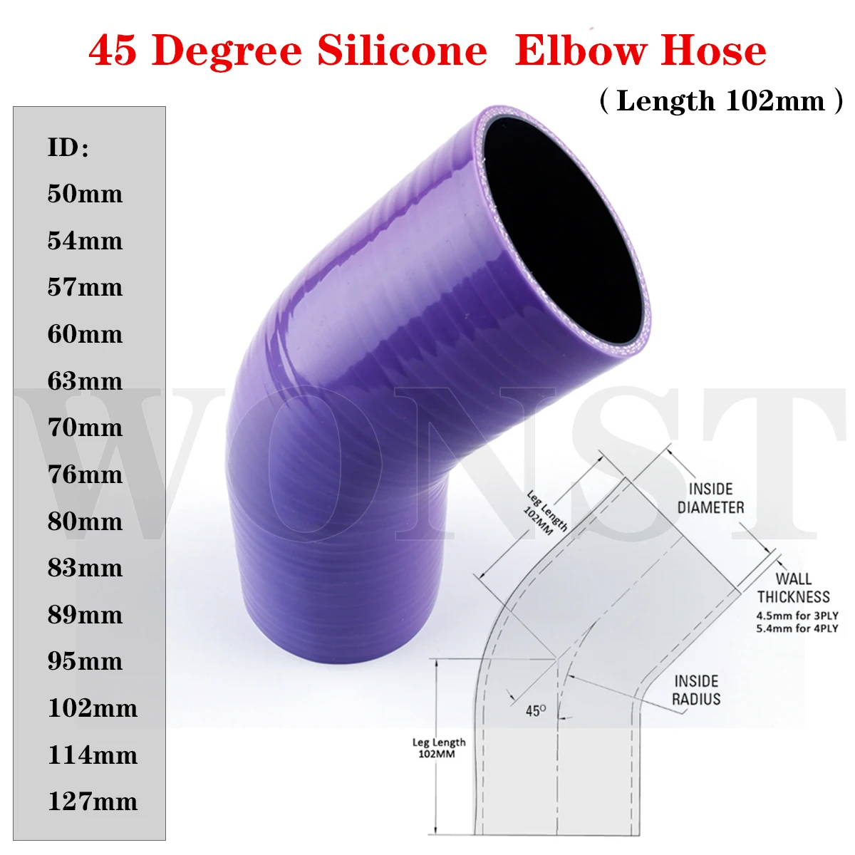 3 ply 102mm Length 45 Degree Elbow Silicone Hose ID 50 54 57 60 63 70 76 80 83 89 95 102 114 127mm