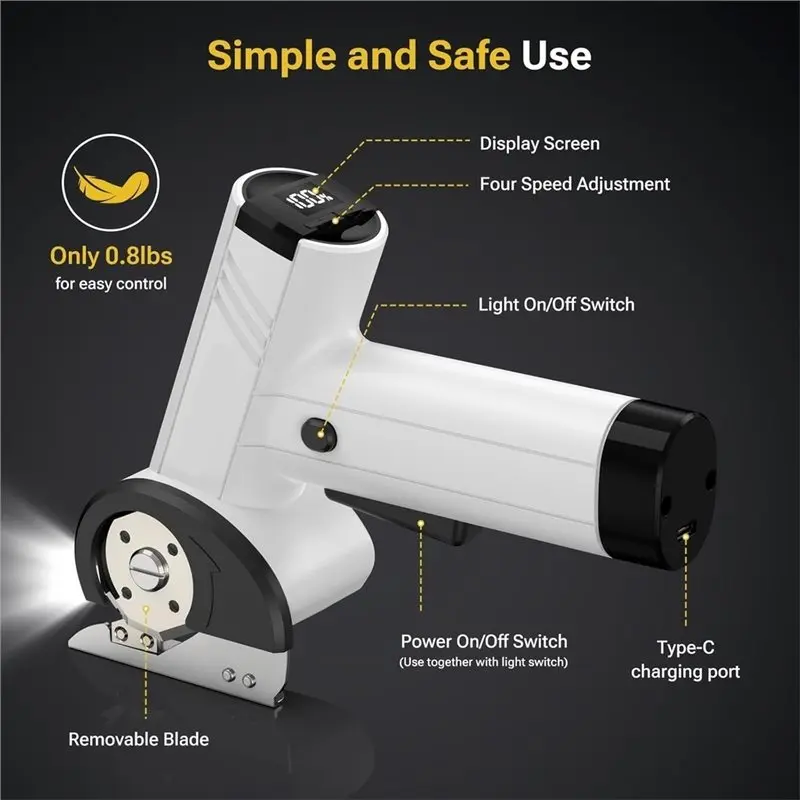 WORTHOWN-Cordless 4-Speed Electric Scissors LED Display, 4.2V Cardboard Mat Cutter For Leather Carpet