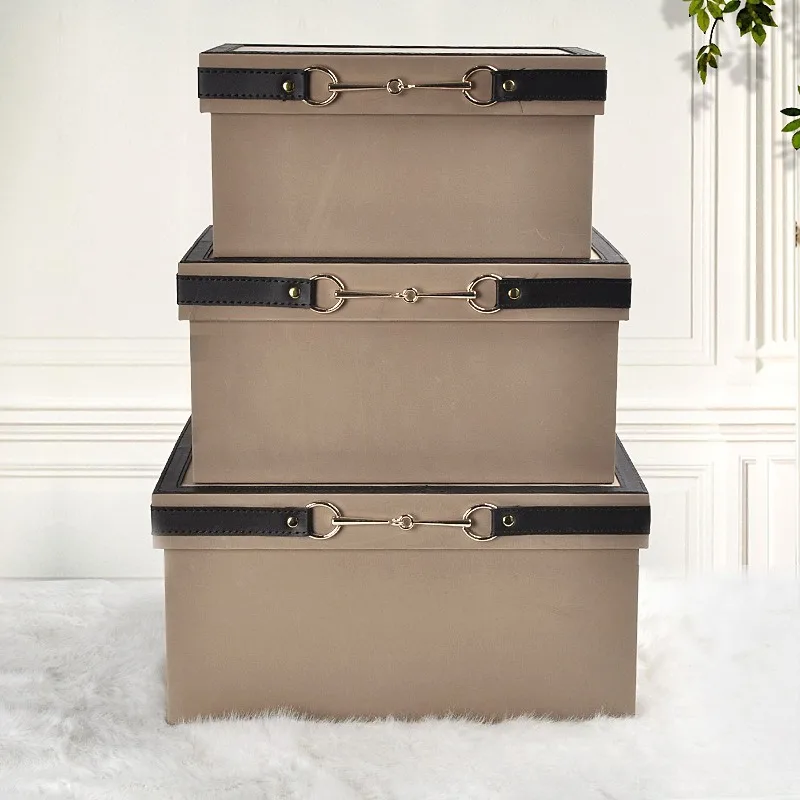 

Leather Gold Necklace Luxury Storage Boxes Solid Color Rectangle Cloakroom Storage Bins Handmade Modern Simple Home Organization