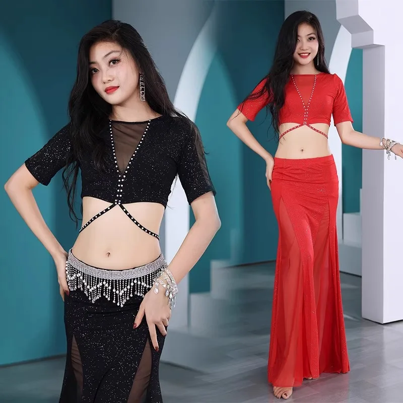 

Customized Belly Dance Costumes Practice Outfit New Sexy Fishtail Skirt Top Set Water Gauze Oriental Dance Performance Outfit