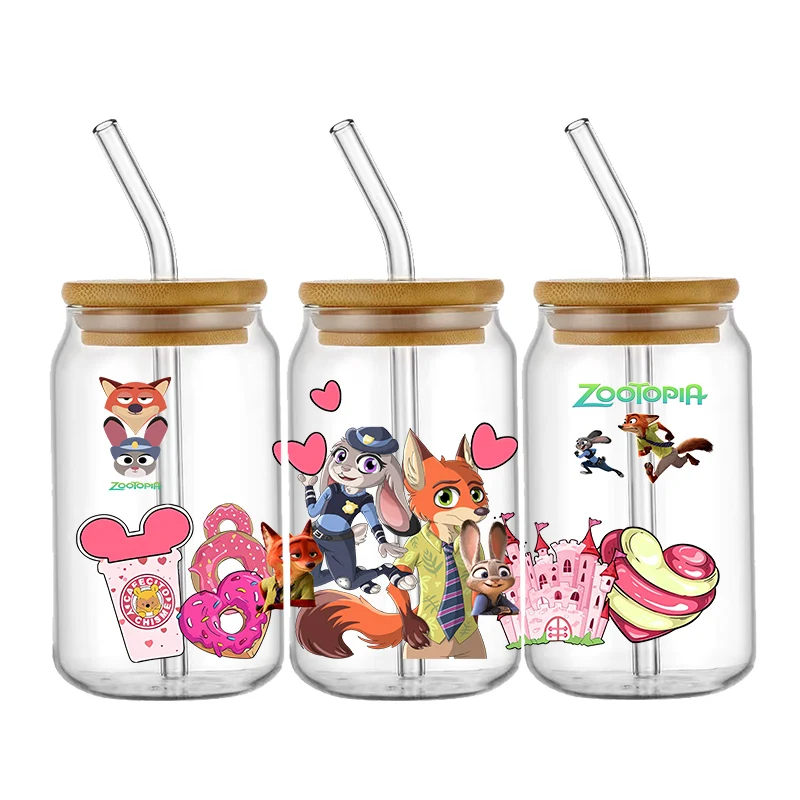 ملصق نقل زوتوبيا ديزني ، نمط كرتون ، أوف ، دي تي في ، مقاوم للماء ، ملصقات نقل لكأس زجاجي 16 أونصة ، ملصقات لف #4