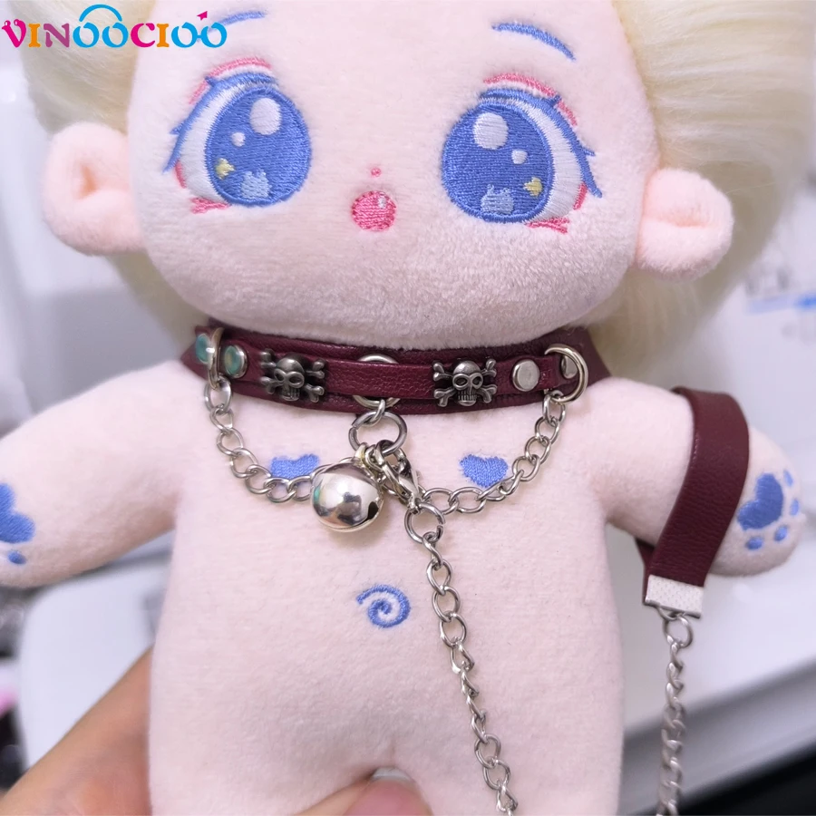 20cm Cotton Doll Choker Skull Necklace with Chains Bell Leather Leadrope Handmade Cotton Doll Accessories