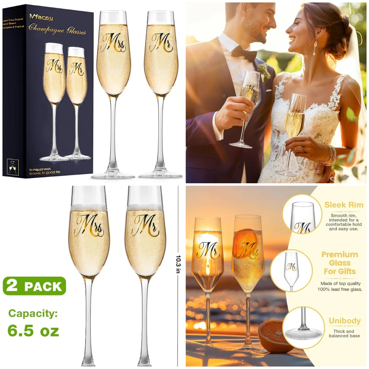 

Mr. & Mrs. Champagne Flute Set - Wedding Toasting Glasses for Bridal Shower, Engagement & Registry