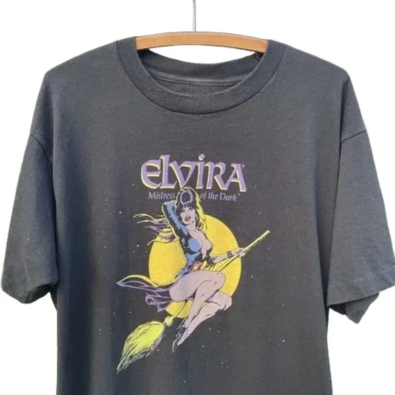 Vintage Y2k Tops 1990s Dark Horror Movies Elvira Mistress T-shirt Print Cotton T-shirt Fashion Casual Loose Streetwear Unisex