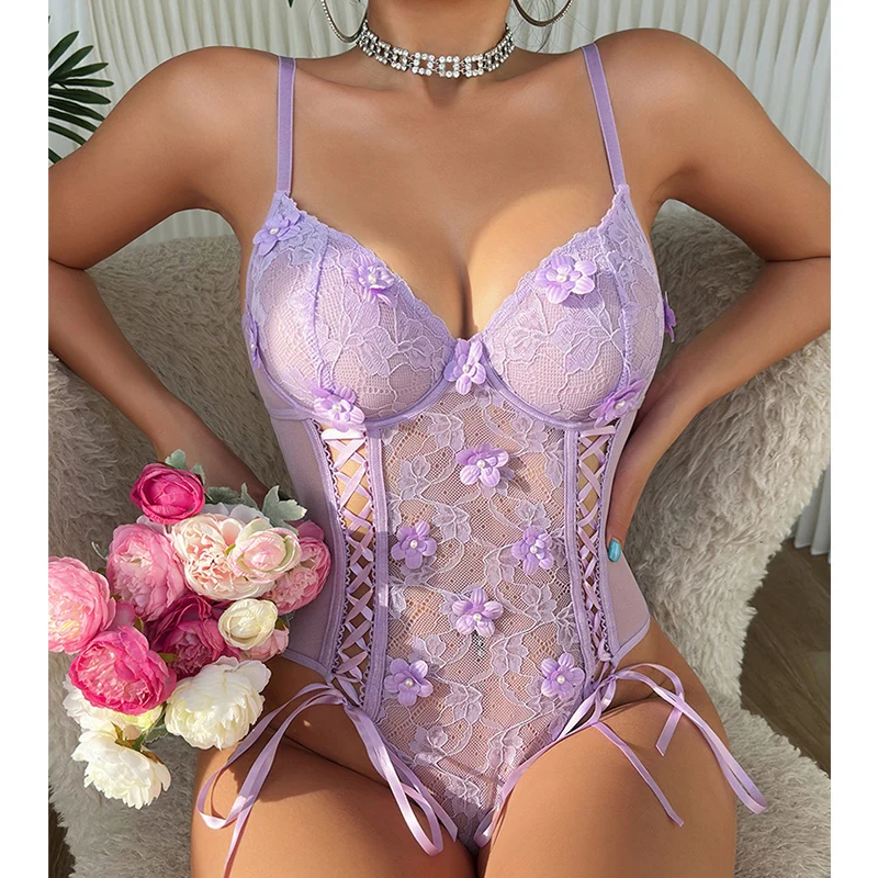 Sexy Bodysuits Lingerie Romantic Purple Floral Bodysuit Lace body One-Piece Fantasy Underwear Fetish Bandage Erotic Lingerie