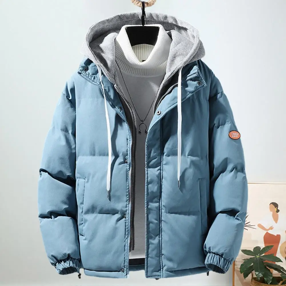 Men Zippered Coat Men Fake Two-piece Design Coat Men's Hooded Windproof Winter Coat with Zipper Placket Pockets for Autumn