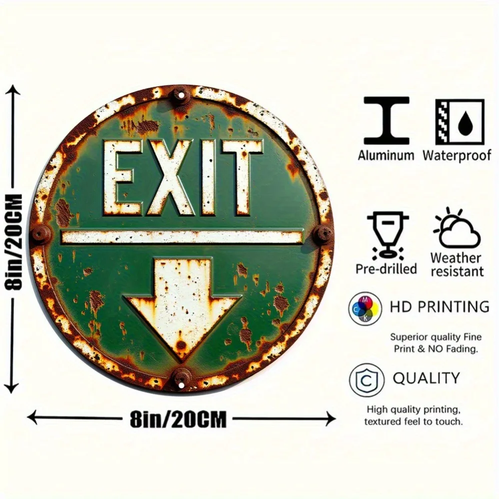 Industrial Rustic Vintage Exit Arrow 2D Flat High Definition Metal Wall Art Rusty Grunge Embossed Iron Painting Steampunk Wall D