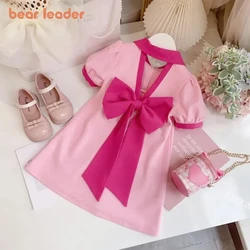 Bear Leader Girls Dress Summer 2025 New Korean Version Fashionable Childrens Bow Dress Little Girl Short Sleeve Princess Dresses