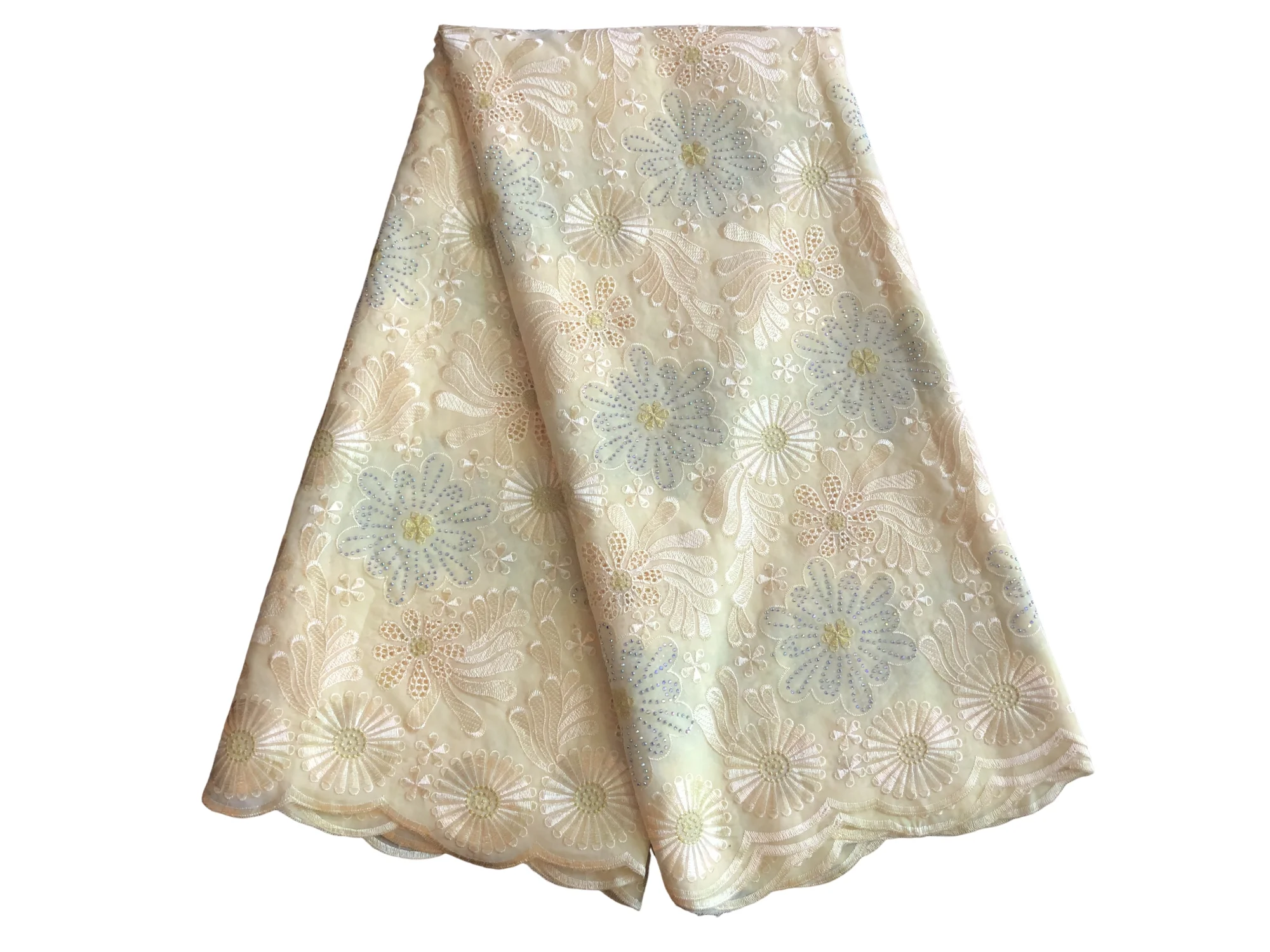 

African Embroidered Cotton Lace Fabric High Quality Nigerian Swiss Voile Lace Fabric Stones For Women Party Dresses,5 Yard Robe