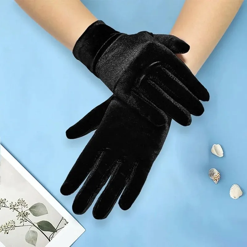 قفازات أوبرا مخملية قصيرة للنساء، قفازات قابلة للتمدد بطول المعصم، قفازات مأدبة لحفلات الشاي والهالوين