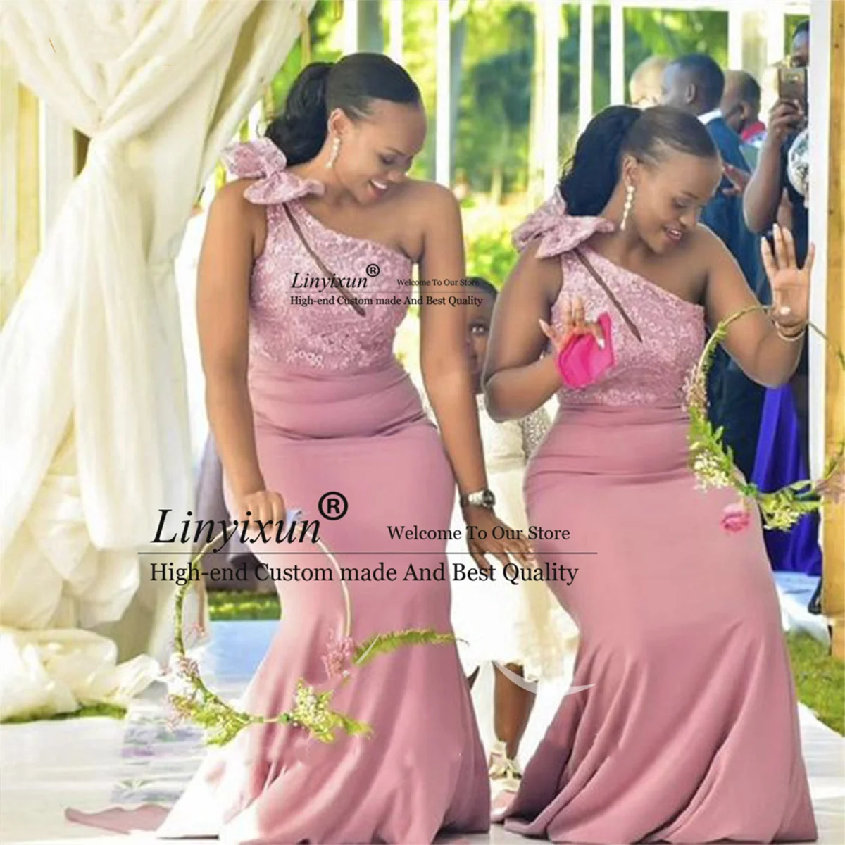 

Fashion Pink Lace Mermaid Bridesmaid Dresses with Bow One-shoulder African Wedding Guest Gowns Plus Size Maid of Honor Dress