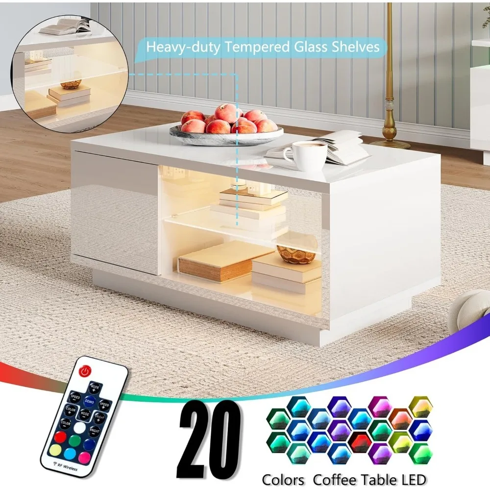 Table basse avec étagères en verre, ensembles de 3 tables, support TV cheminée à 2 niveaux, lumières LED, centre de divertissement multimédia, 70 po