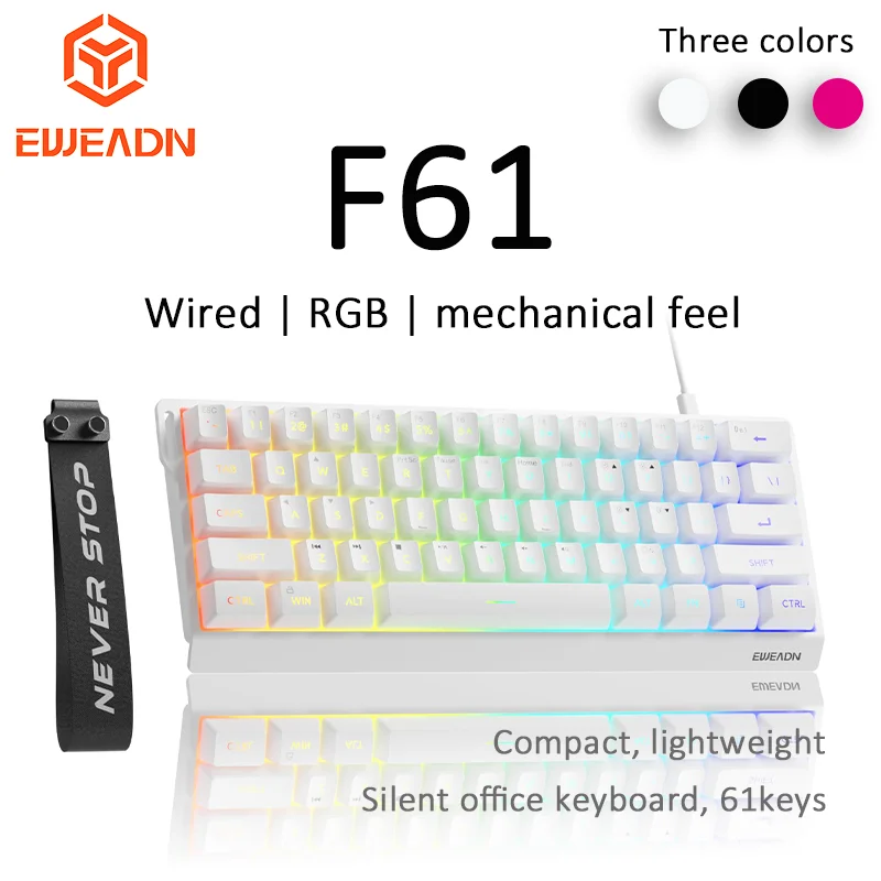 EWEADN F61 لوحة مفاتيح سلكية 61 مفتاحًا RGB كمبيوتر ألعاب مكتبي صغير ومحمول لوحة مفاتيح مكتبية صامتة اتصال USB ثلاثة ألوان