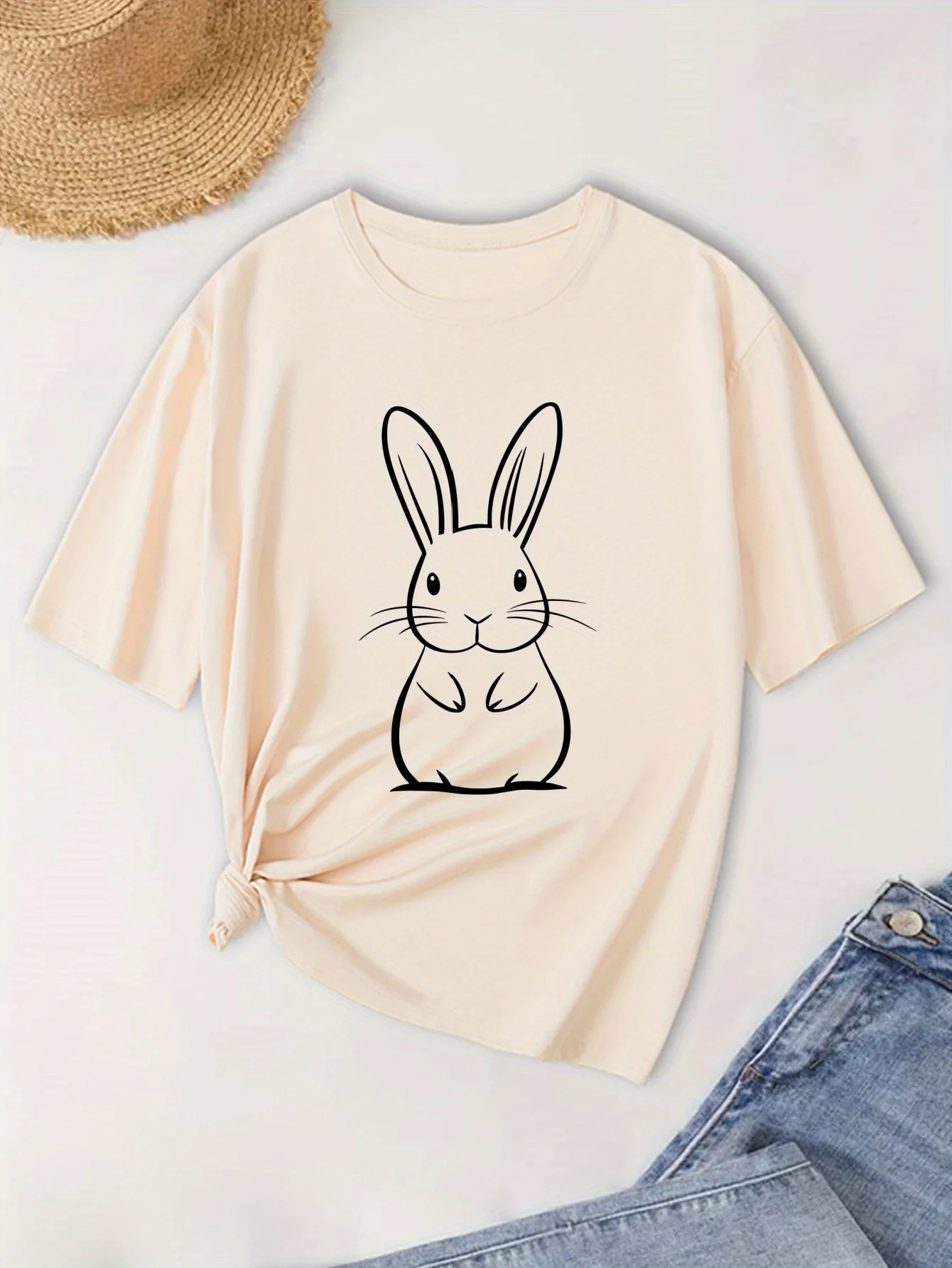 Women'S Cute Cartoon Rabbit Print Breathable Short Sleeve Crew Neck Casual Sporty Style for White with Black Bunny Desig