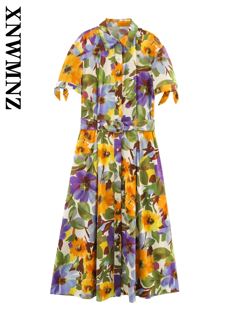 

XNWMNZ 2025 Summer Woman's Fashion Holiday Short Sleeve Turn-down Collar Print Satin midi Dresses Chic boho Lady Floral Dress
