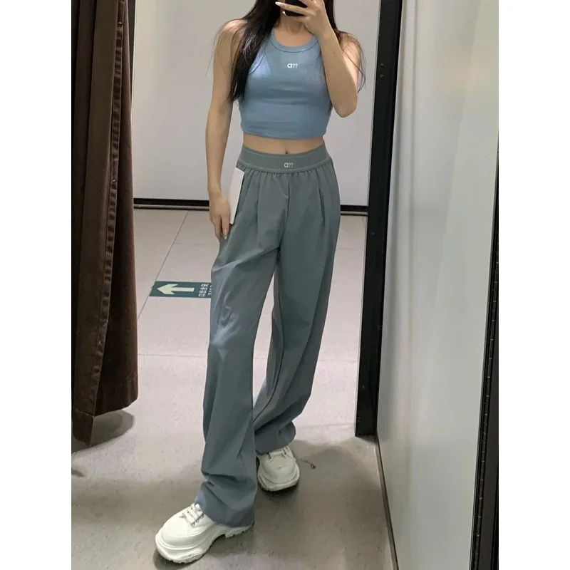 Summer Lightweight Sports Trousers Woven Wide-leg Pants Sports Quick-drying High-waist,ice-silk Textured Straight-leg