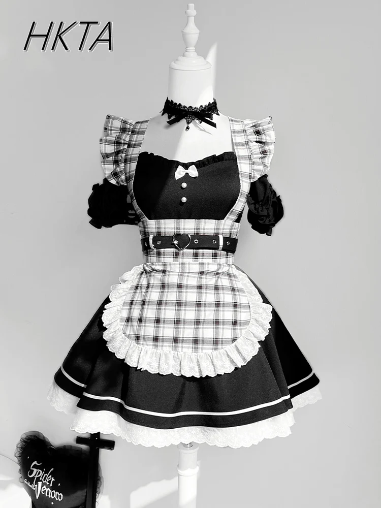 

Lolita Sweet Dress Suit Women Subculture Plaid Slimming Waist Lace Bow Short Sleeve Shoulder Black Dress + Apron 2-piece Set