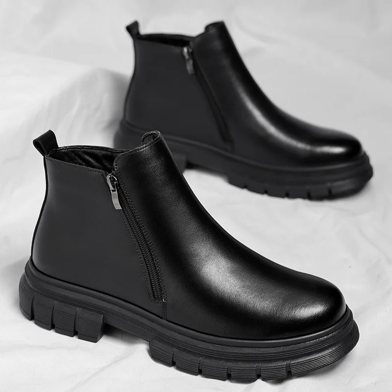 

Men's 2025 Winter Black British Style Zipper Chelsea Boots Men's Fashion Medium Top Warm Snow Short Boots Men's Boots Size 38-44