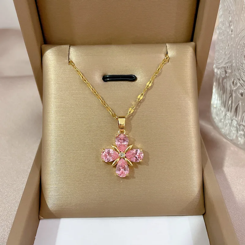 LUCKY99 Trendy Simple Zircon Flower Clover Pendant Smart Necklaces For Women Exquisite Titanium Steel Fashion Jewelry Gift