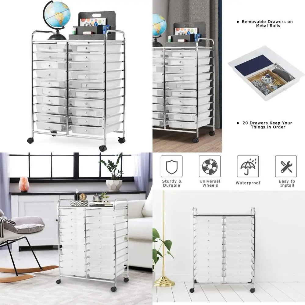 عربة تخزين متعددة الأغراض شبه شفافة ذات 20 درجًا مع عجلات لتنظيم المكاتب المنزلية والمرافق