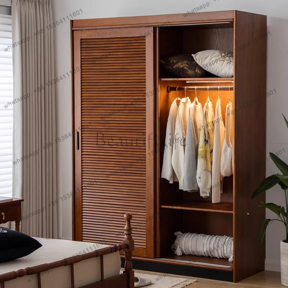 Custom cherry wood retro solid wood sliding door wardrobe sliding shutter door wardrobe