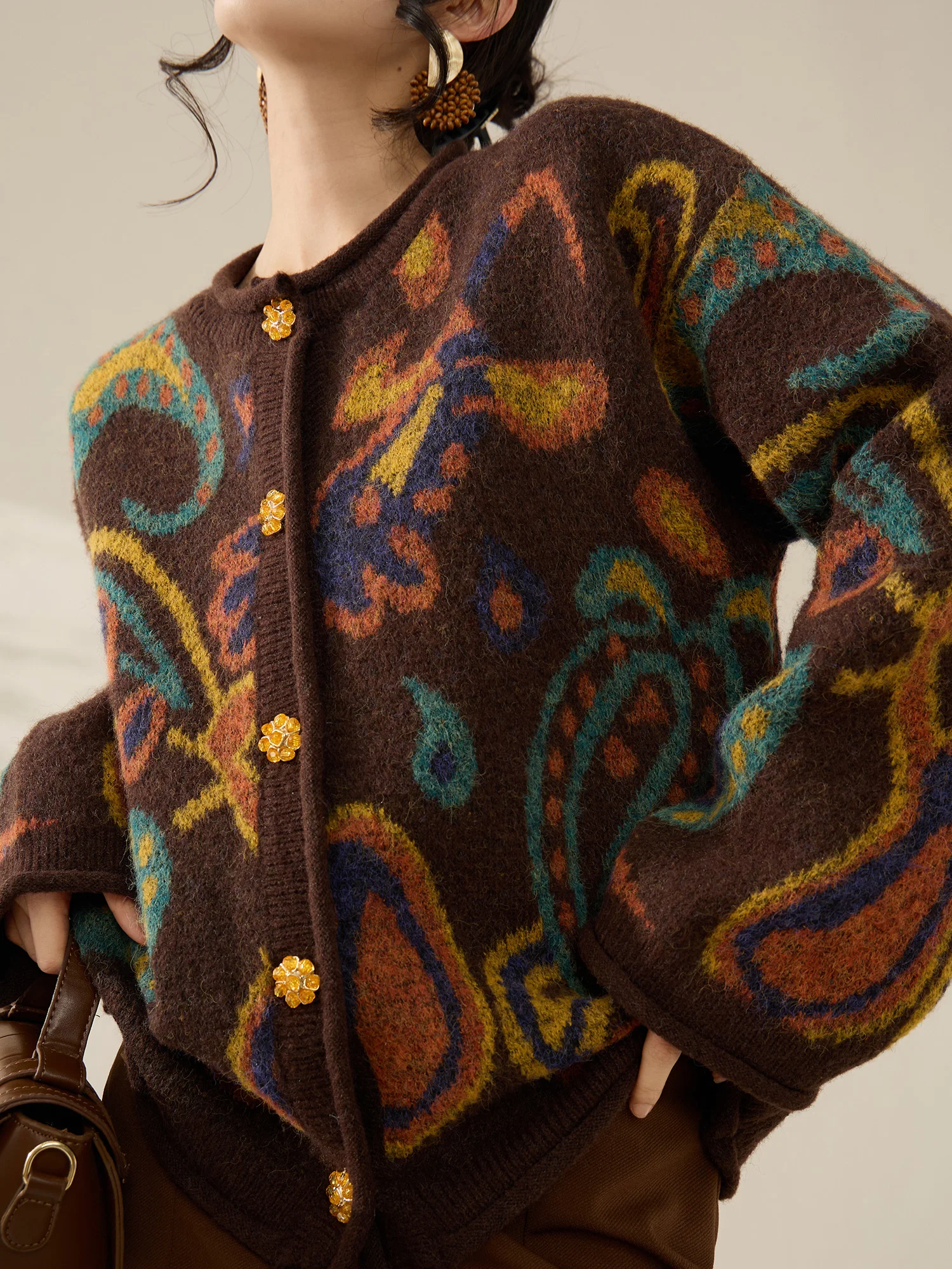 

Flowing Era Vintage Knitted round Ne Open Cardigan Women's Unique Base irt Nut Flower Pattern Warm Casual Faion