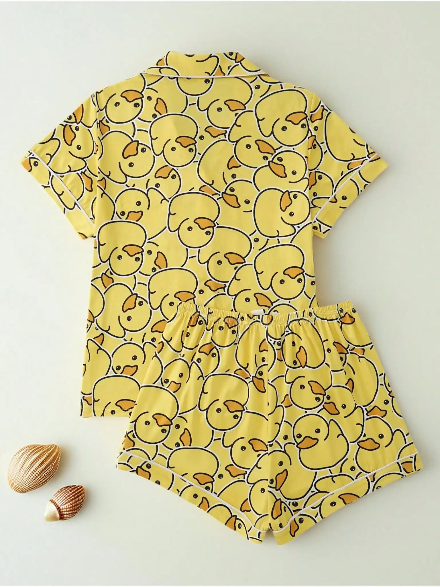 Ensemble pyjama 2 pièces en soie de mûrier pour femmes, haut à col à manches courtes + Short imprimé canard, printemps/été maison/extérieur