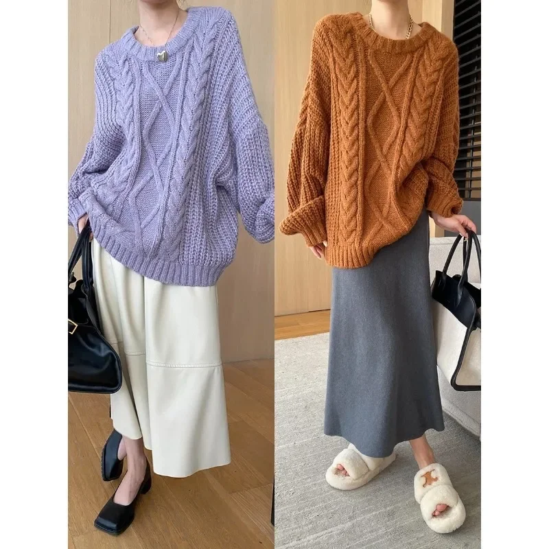 Relaxing atmosphere soft and lazy round neck twist knitted sweater 2024 early autumn new style