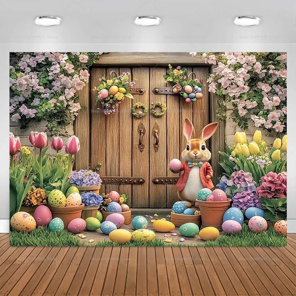 VIKAMA Oster-Holztür Hintergrund mit Hasen-Ei-Motiv und Blumengirlande Rustikale Frühlings-Party-Dekoration für Fotobox und Heimdekoration