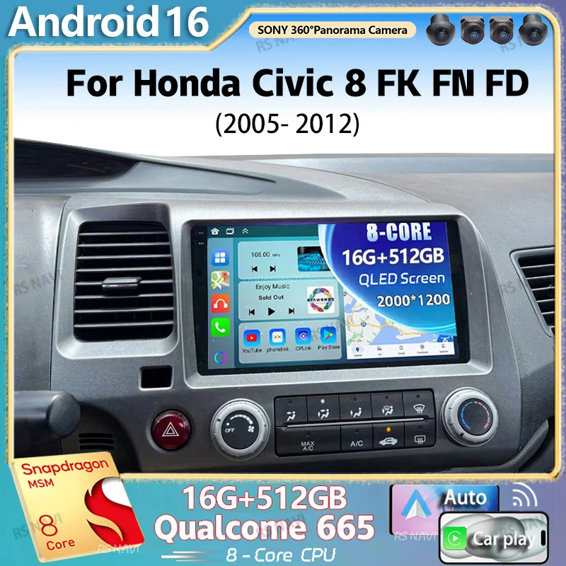 Radio Multimedia Android 16 para Honda Civic 8 FK FN FD 2005-2012, Reproductor de Video 2K QLED, GPS, 4G, CarPlay, Estéreo
