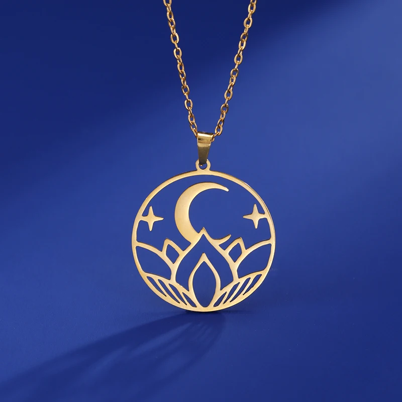 Lemegeton Lotus Moon Mystery Fashion Pendant Necklace Bohemian Style Exquisite Anniversary Stainless Steel Jewelry Gift