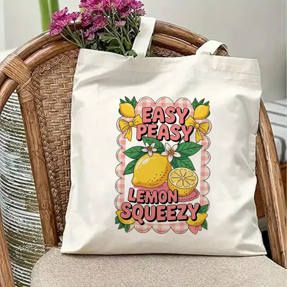 

Easy Peasy Lemon Squeezy Canvas Tote Bag Cute Yellow Bow Gingham Print Aesthetic Coquette Shoulder Purse Beach Bag Gift