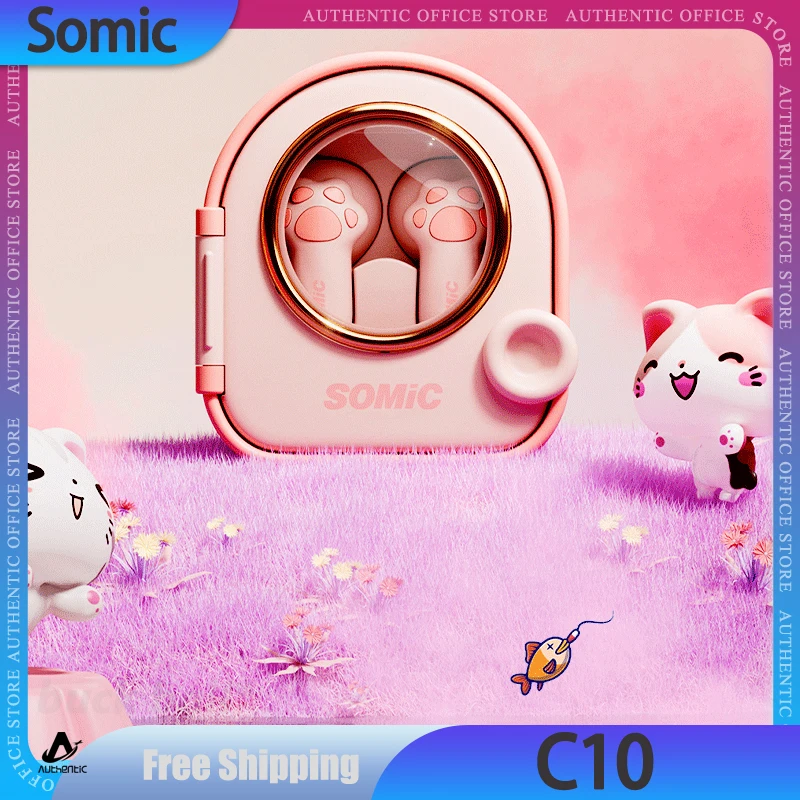 

Somic C10 Earphones Pink Cute Cat Claw Wireless Bluetooth Earphone TWS Music Headphones Bluetooth Headset Kawaii Cat Earphones