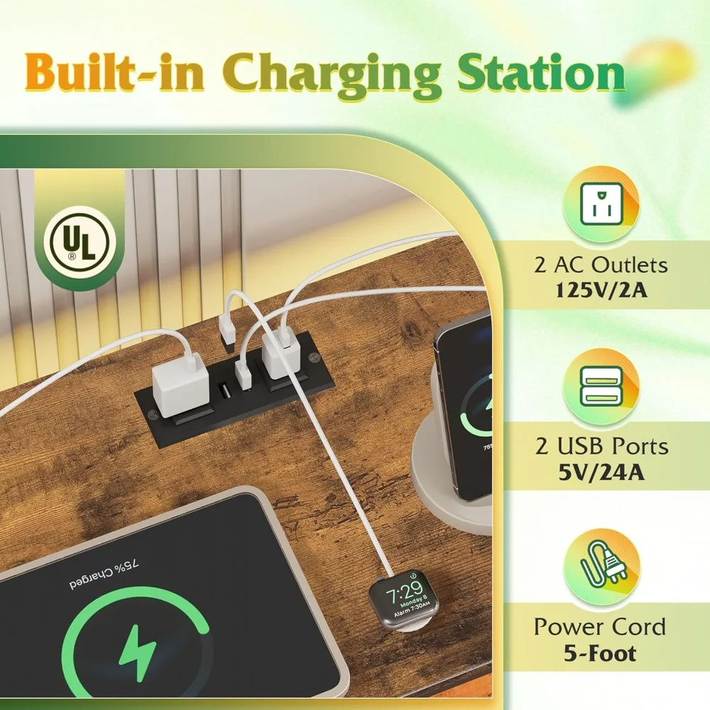 حامل تلفزيون لتلفزيون 55، 60، 65 بوصة، مركز ترفيه مع أضواء LED ومحطة شحن، طاولة وحدة تحكم وسائط التلفزيون