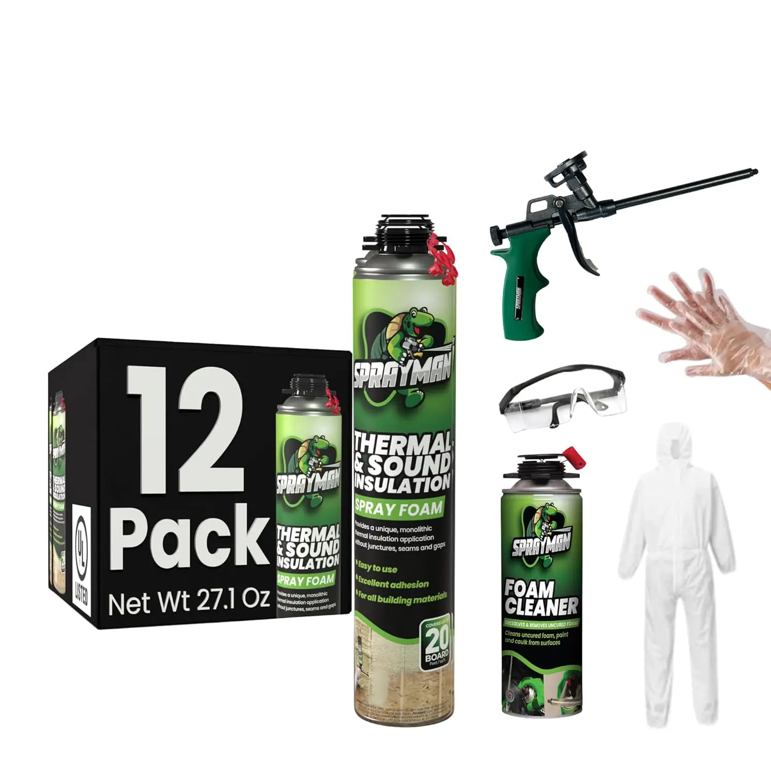 Foam Insulation Kit, Closed Cell Spray Foam Spray | 12 Cans, 240 Board Feet, Can, Gun and Cleaner Included