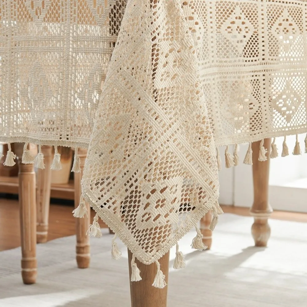 Rectangular Hollowed Out Tablecloth Checkered Pattern Non-Slip Table Cover Cloth Dust-Resistant Dustproof Lace Tablecloth