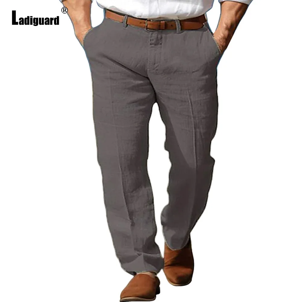 Men\'s Stand Pockets Cotton Linen Pants Solid Light Gray Ankle-Length Trouser Plus Size Mens Casual Beach Straight Hotpants New