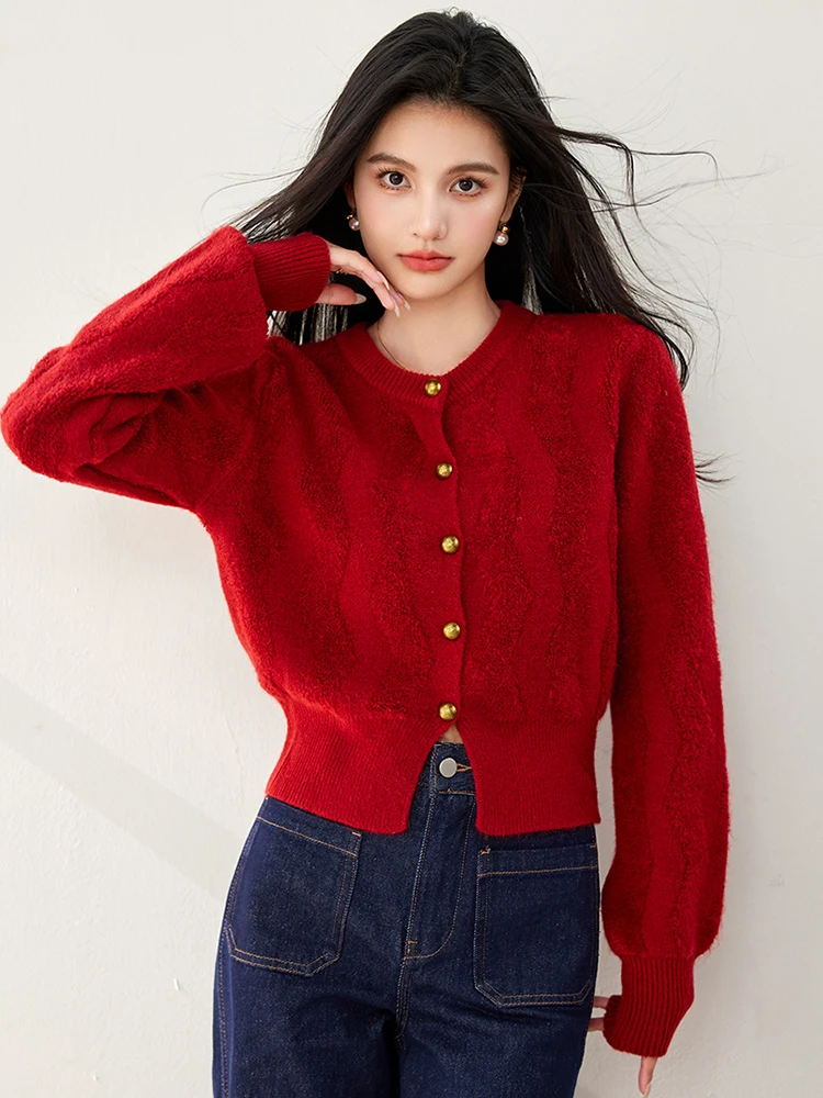 2024 Autumn Women\'s Red Sweater Retro Loose Long Sleeve Knitted Cardigan Fashion Single Breasted Female Sweater Top