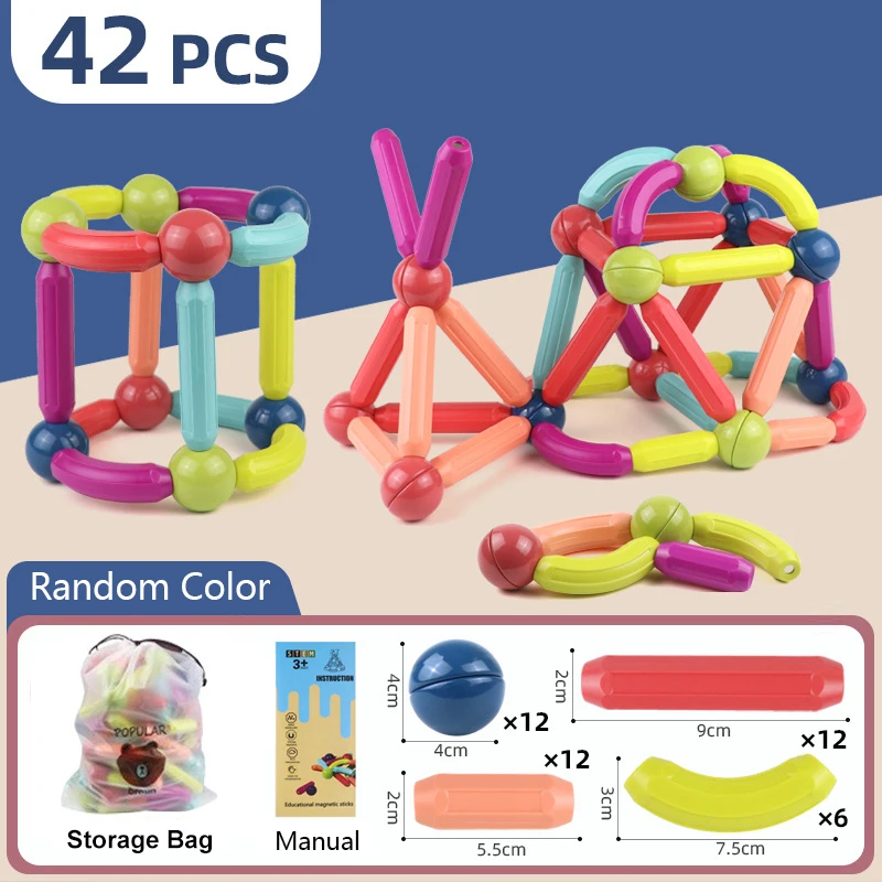 Blocos de construção magnéticos Toy for Kids, Conjunto de construção, Bola magnética, Varas, Jogos de vara, Montessori Brinquedos Educativos, 42Pcs